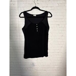 POL Black Mixed Media Henley Tank Top Ribbed Contrast SMT1277 Womens Size Medium